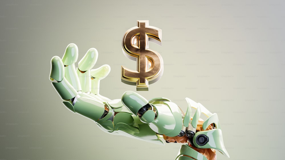 Un robot sosteniendo un signo de dólar en la mano
