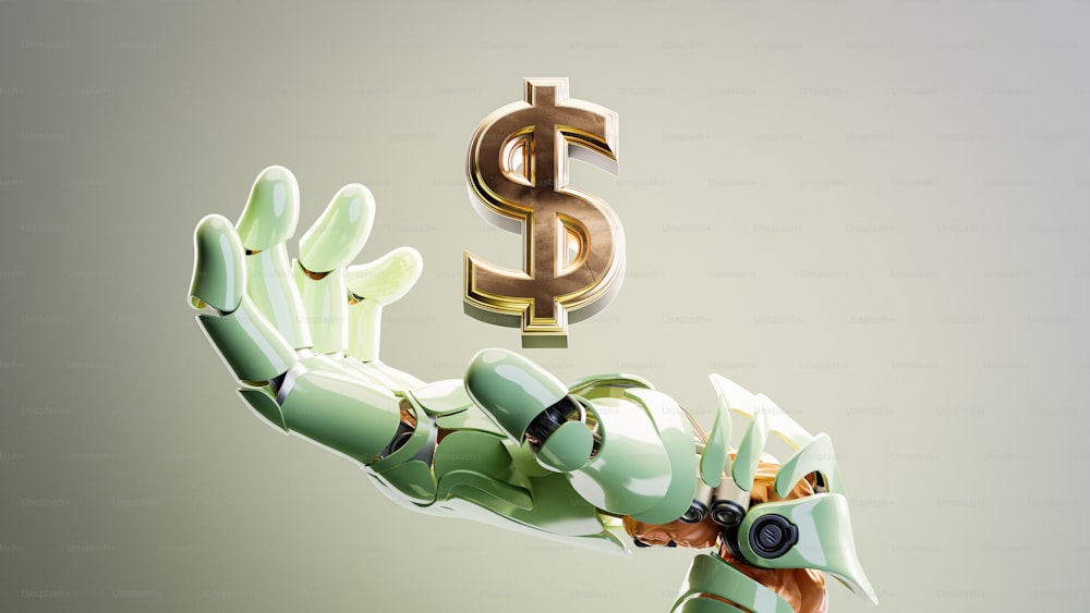 a robot holding a dollar sign in its hand