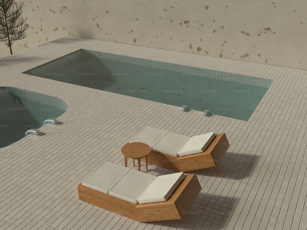 um par de cadeiras sentadas ao lado de uma piscina