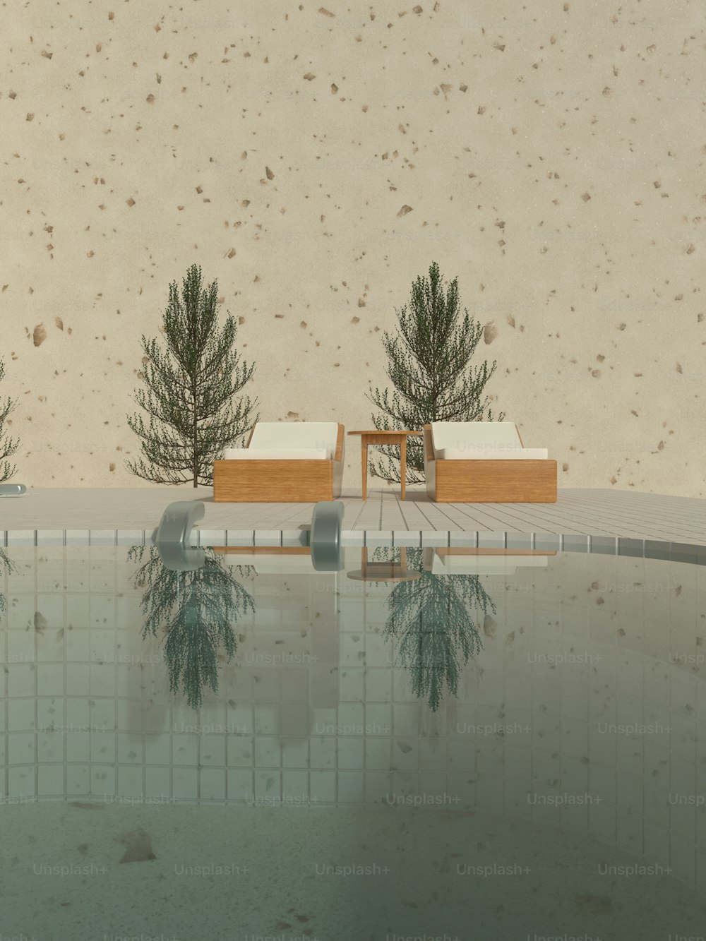 a swimming pool with a couple of trees next to it