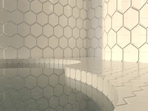 a bathroom with a white tiled wall and floor