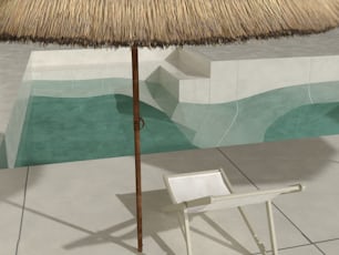 una sedia e un ombrellone di fronte a una piscina