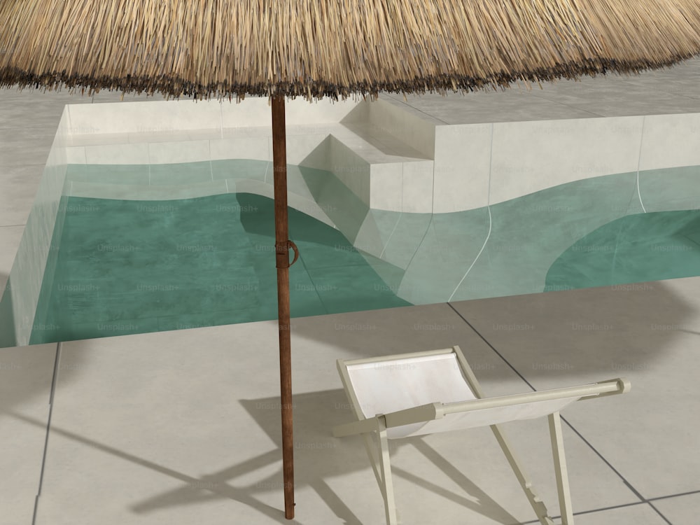 a chair and umbrella in front of a pool