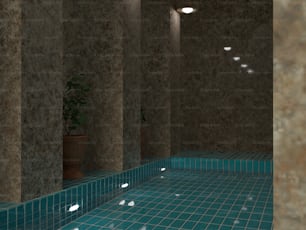 une salle de bain avec un sol et des murs carrelés bleus