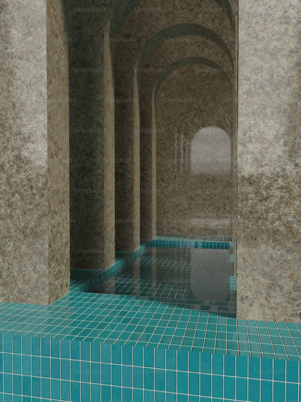 Un largo pasillo con una piscina en el medio
