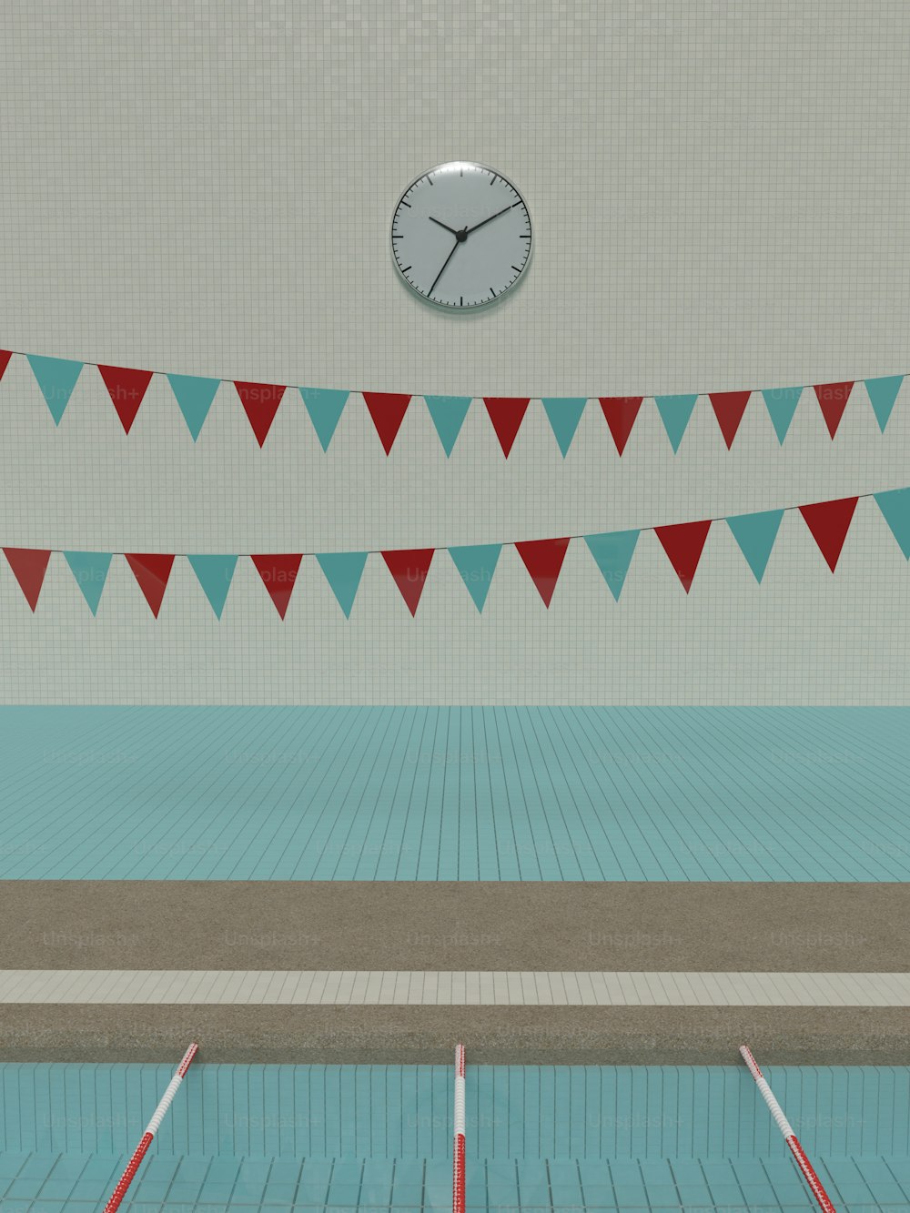 uma piscina com um relógio na parede
