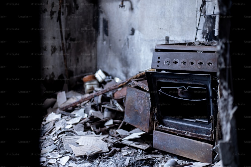 an old oven sitting in the middle of a room