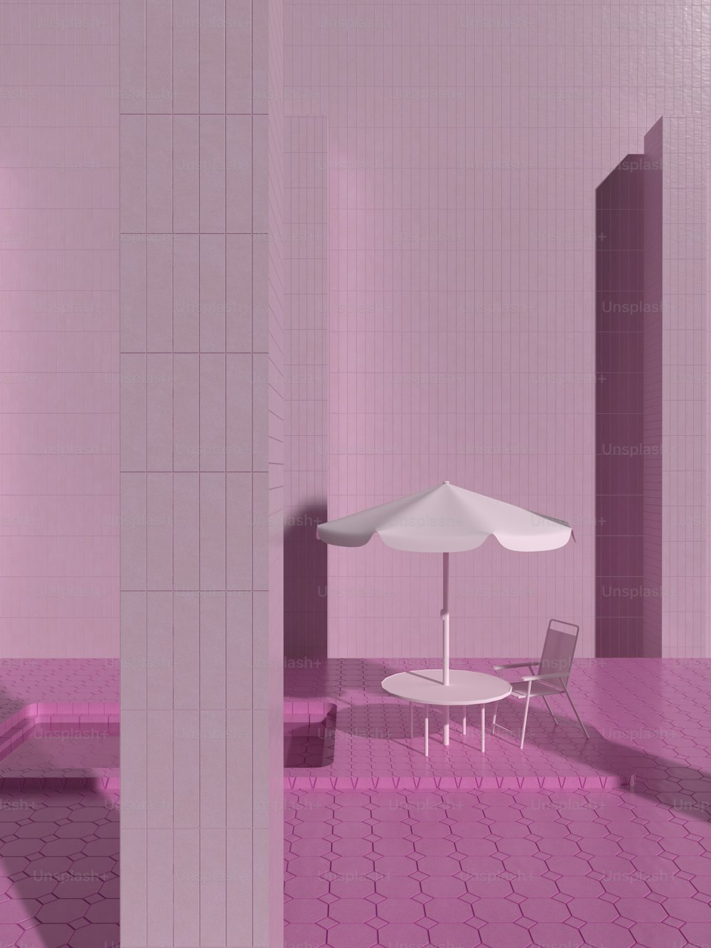 a room with a chair, table and umbrella