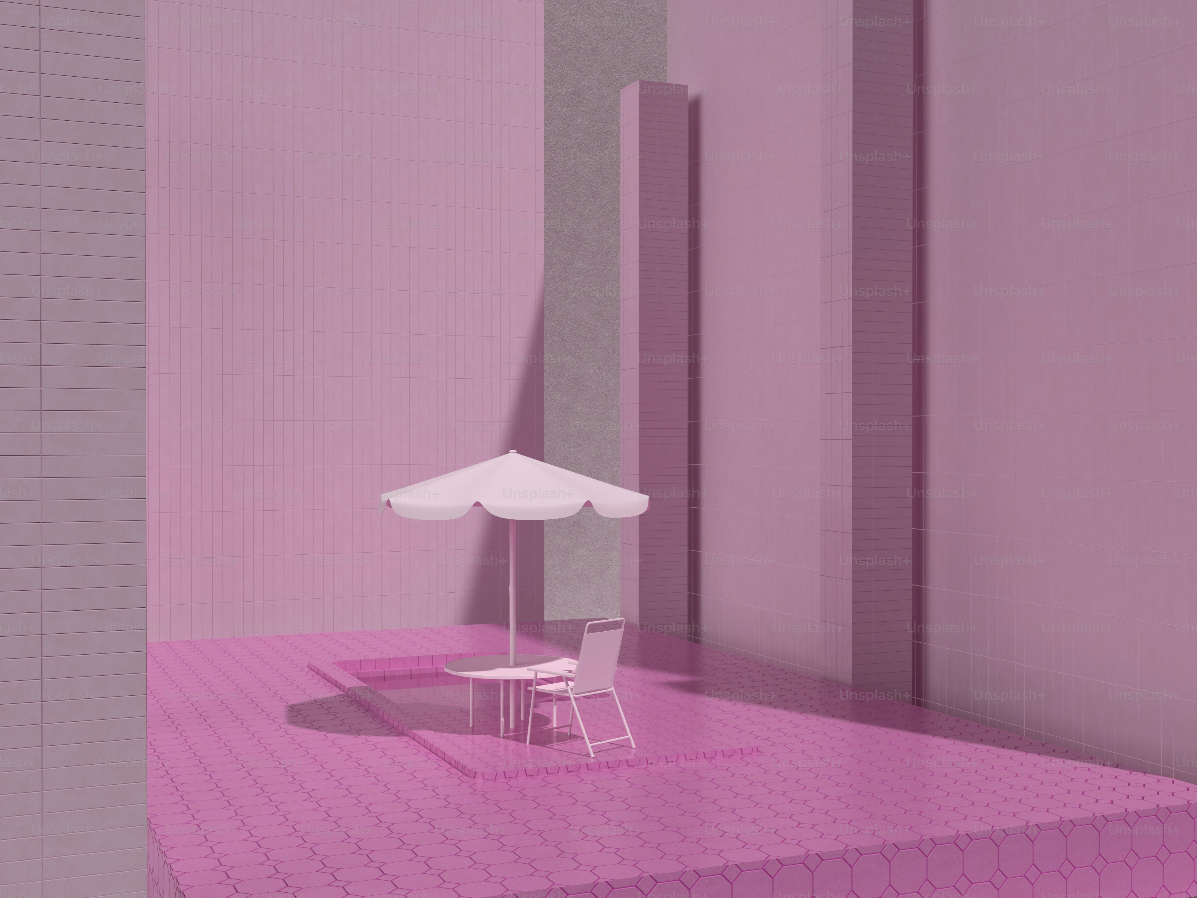 a white chair sitting on top of a pink platform