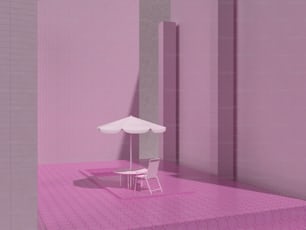 분홍색 플랫폼 위에 앉아 있는 흰색 의자