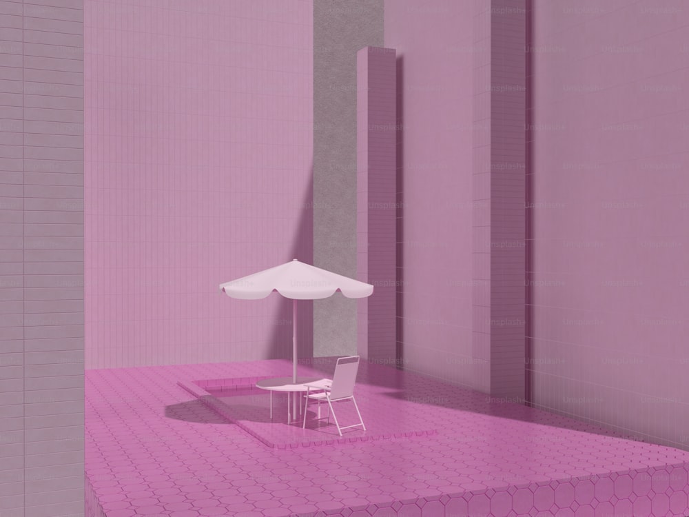 분홍색 플랫폼 위에 앉아 있는 흰색 의자