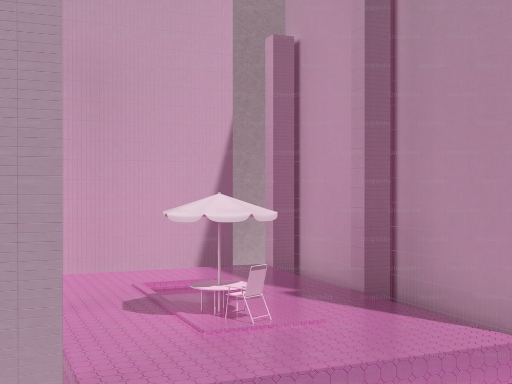 Ein weißer Stuhl sitzt auf einer rosa Plattform