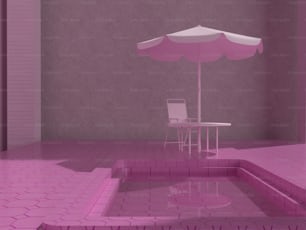 une chambre rose avec une chaise et un parasol