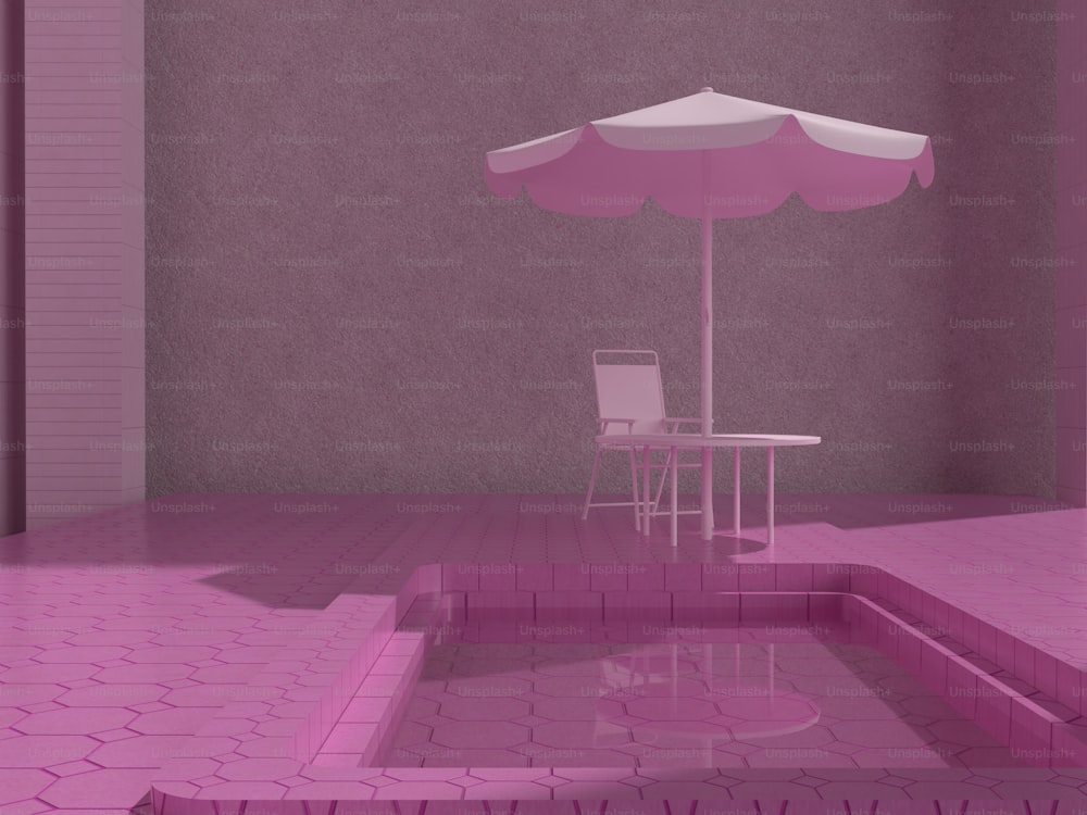 a pink room with a chair and umbrella