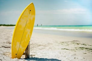 a yellow surfboard sitting on top of a sandy beach