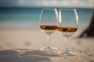 two glasses of wine sitting on top of a sandy beach
