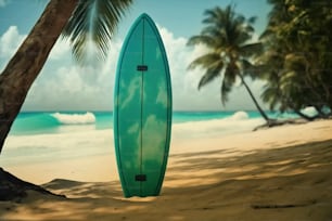 a green surfboard sitting on top of a sandy beach