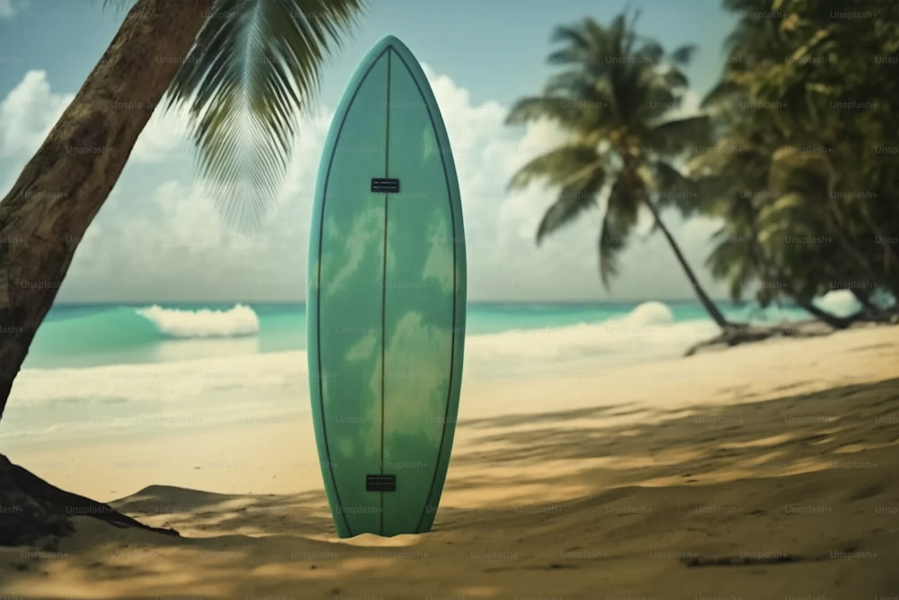 une planche de surf verte posée au sommet d’une plage de sable