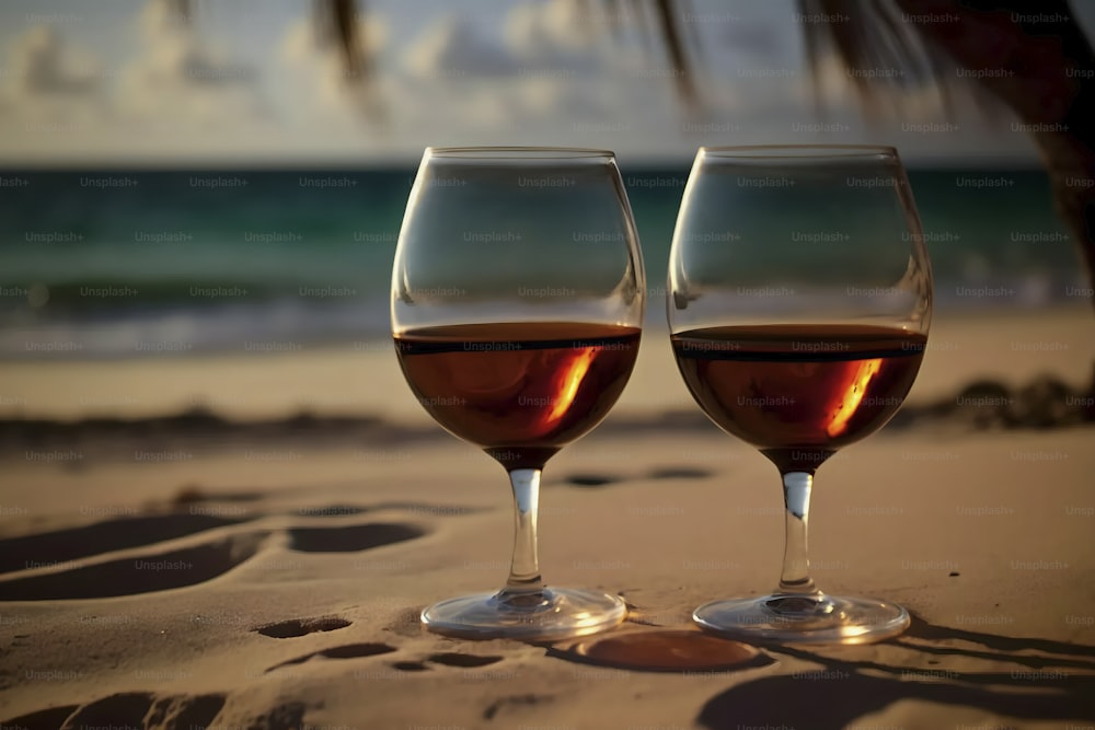 two glasses of wine sitting on top of a sandy beach