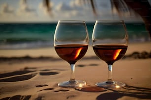 Zwei Gläser Wein auf einem Sandstrand sitzen