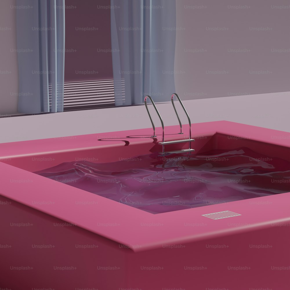 a pink bathtub with water in it in front of a window