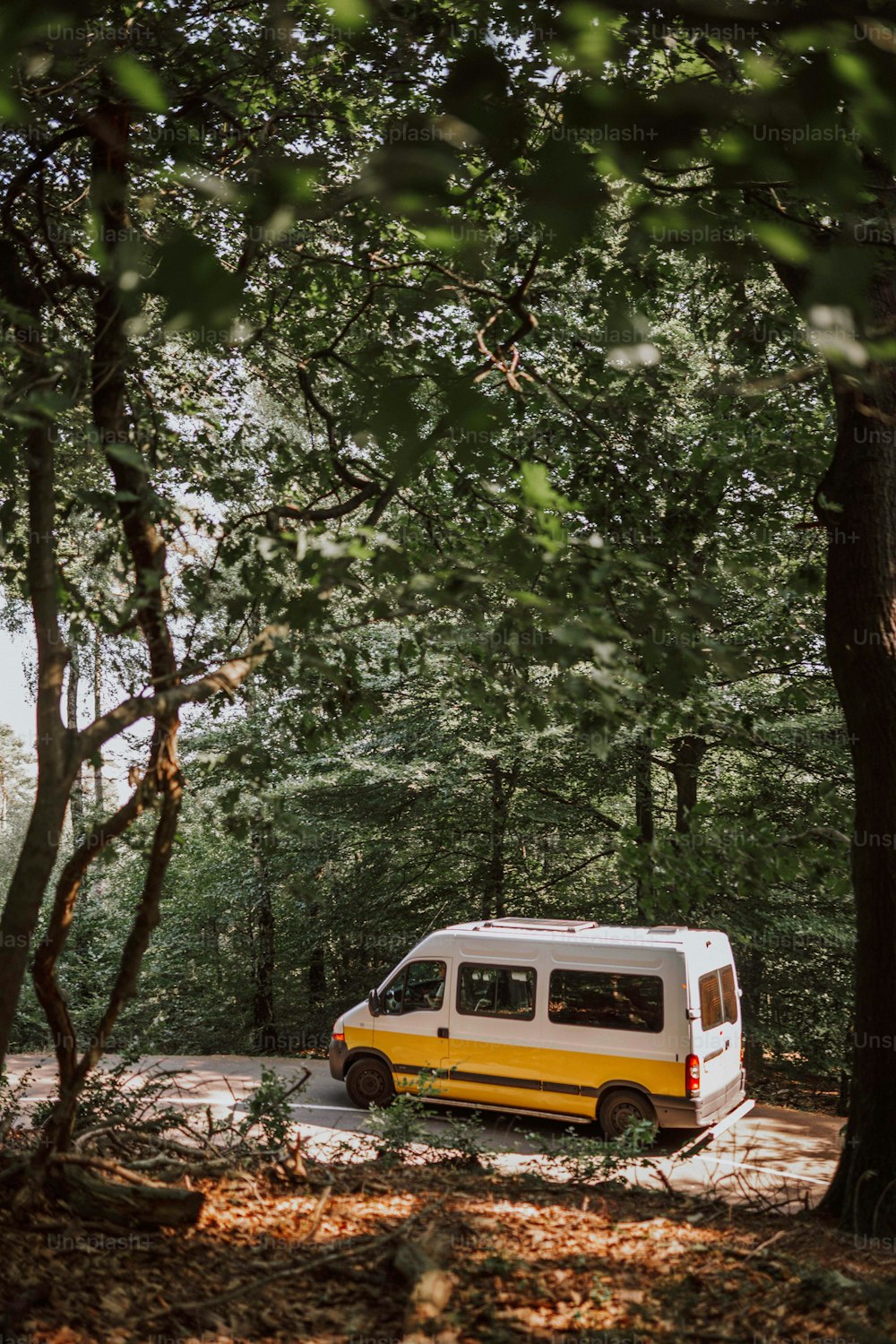 Ein gelb-weißer Lieferwagen parkt im Wald