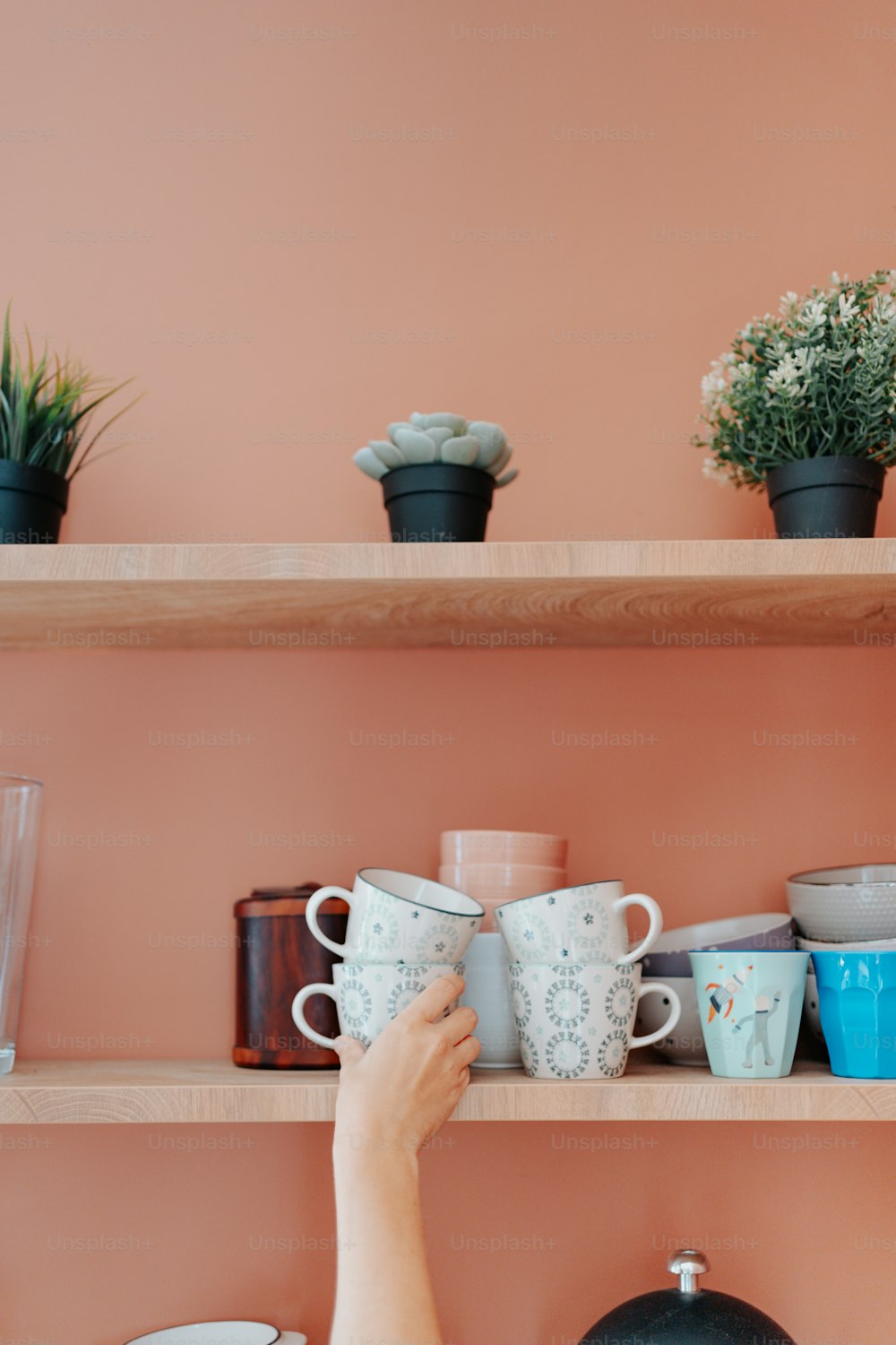 a person is holding a coffee cup on a shelf