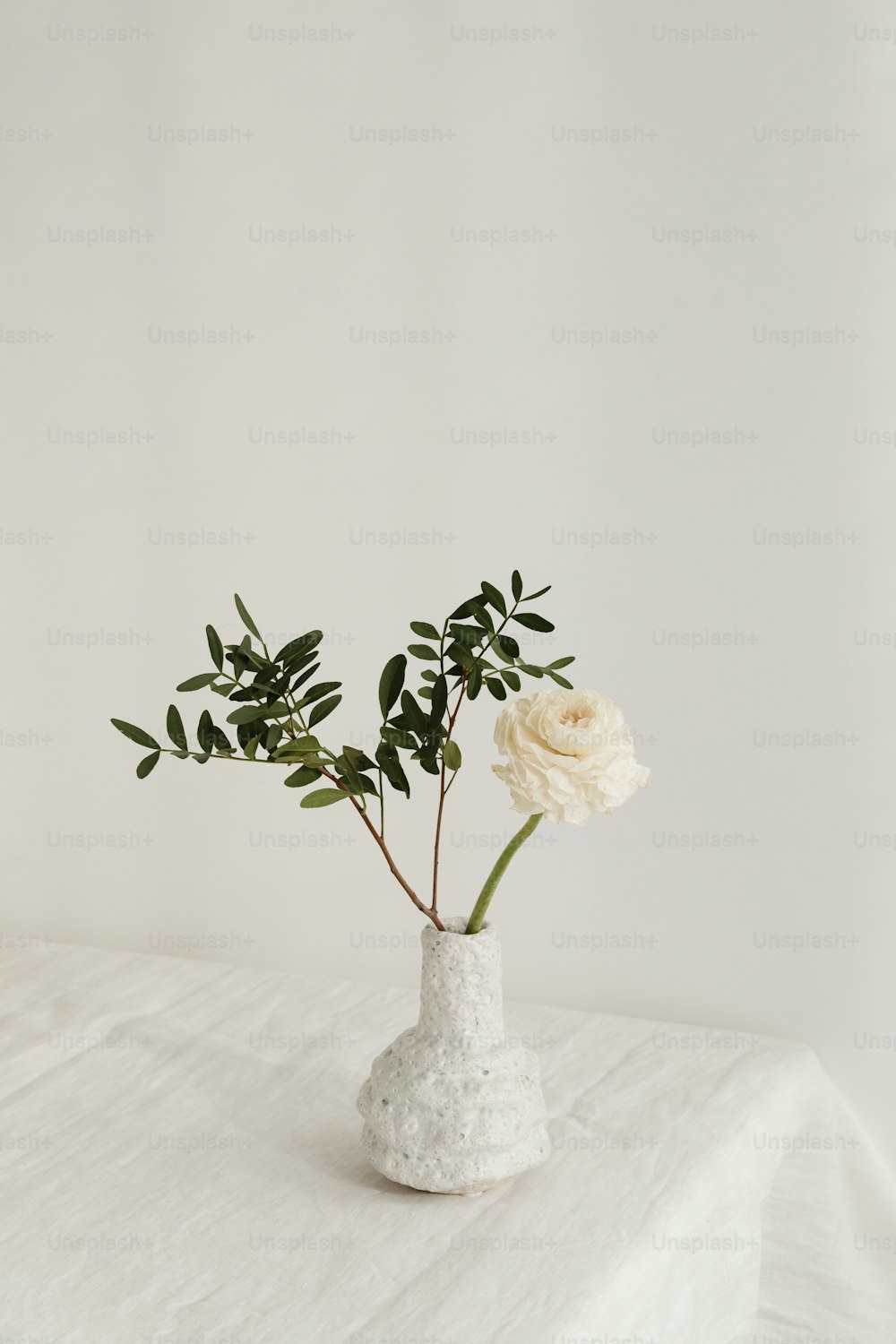 two white flowers in a white vase on a table