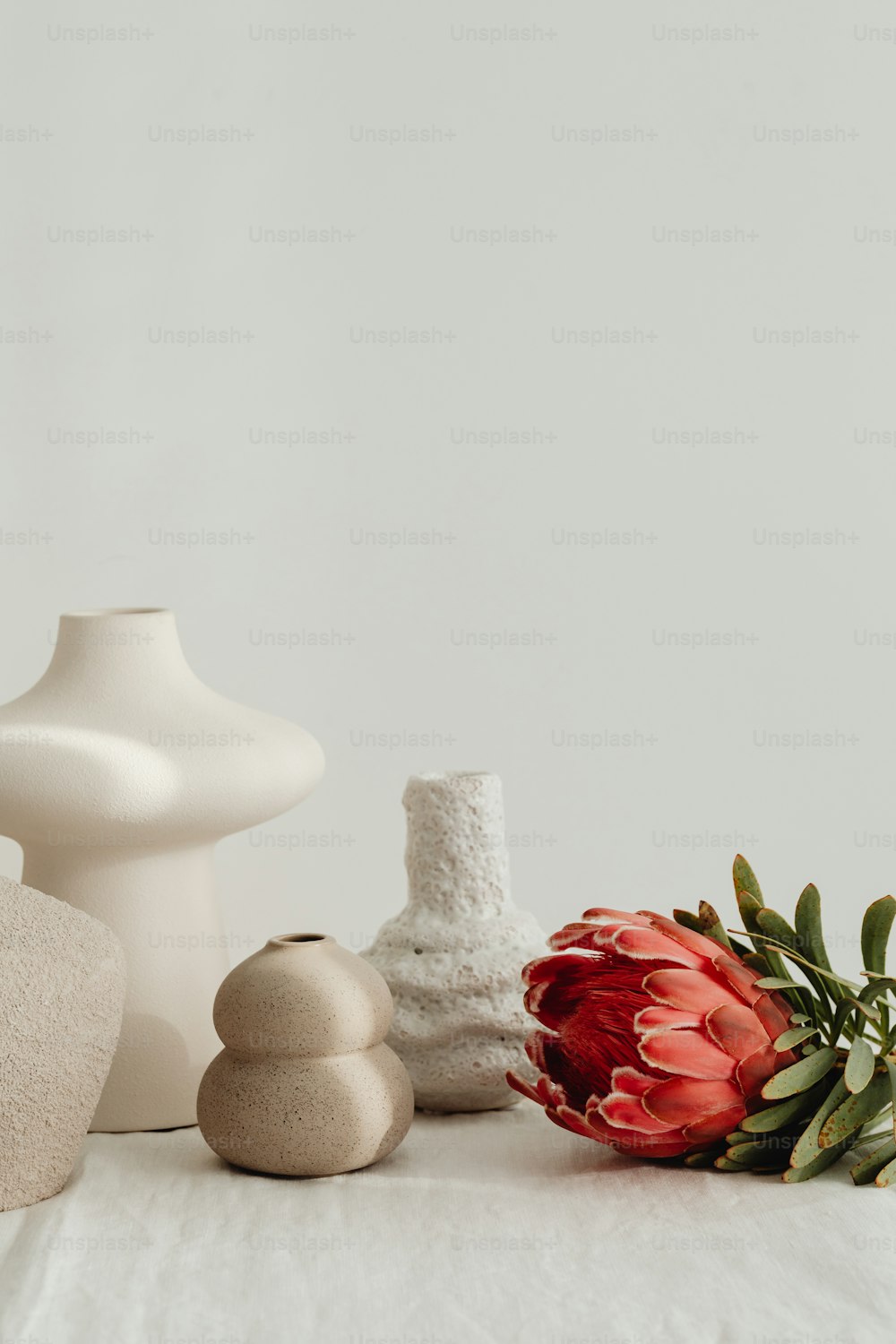 uma mesa branca coberta com vasos e flores