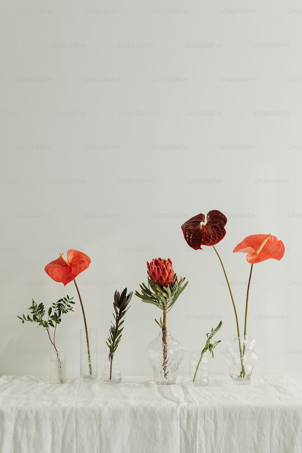 a group of flowers sitting on top of a white table