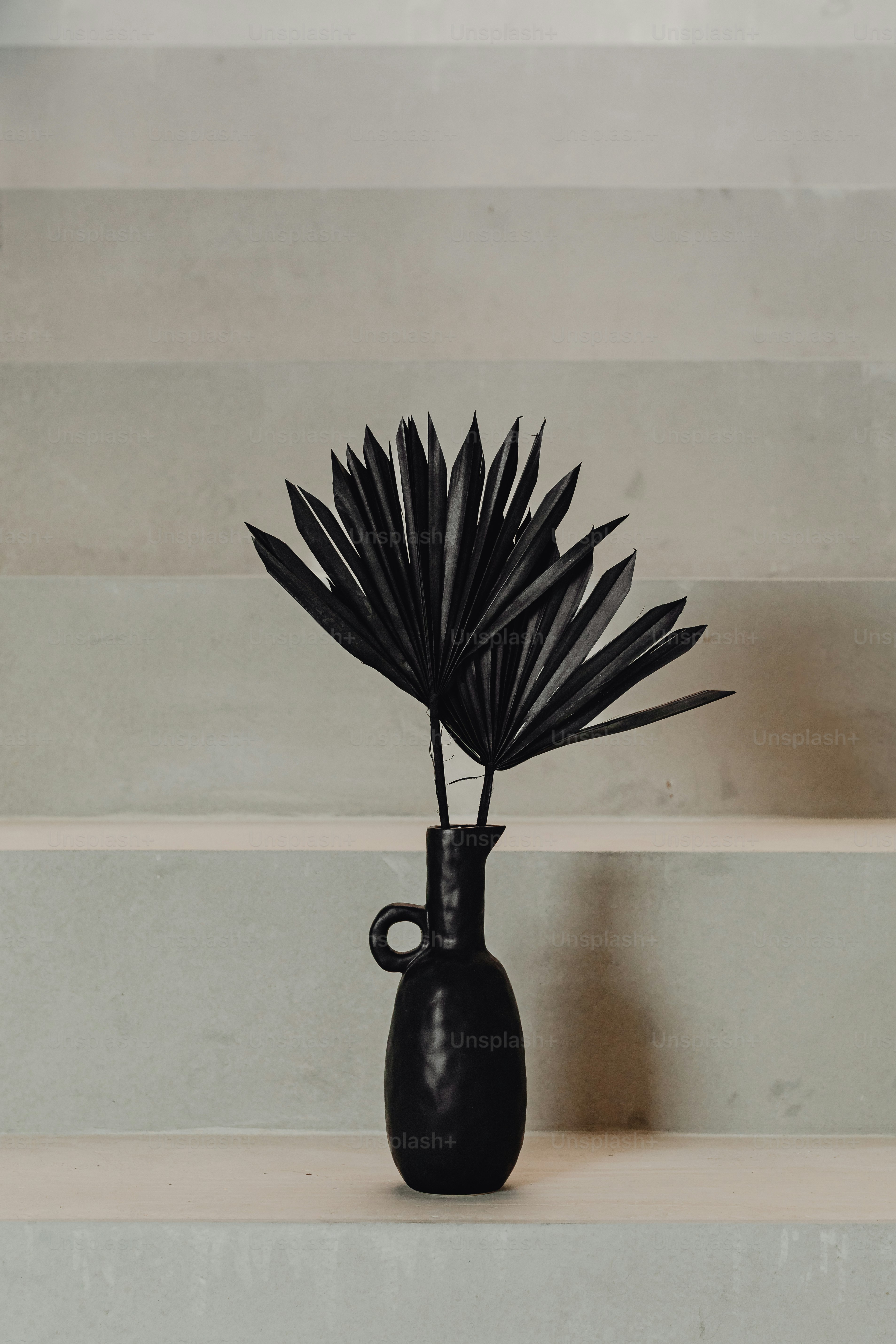 un jarrón negro con una planta en su interior