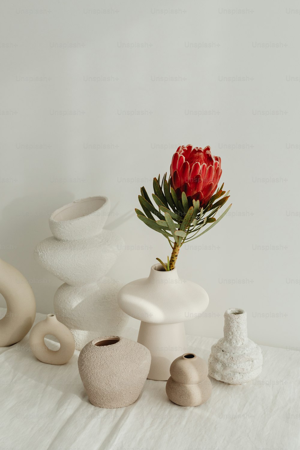 a white table topped with vases and a red flower