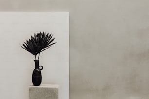 eine schwarze Vase, die auf einem Zementblock sitzt