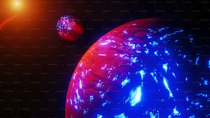 um objeto vermelho e azul no espaço com um sol no fundo