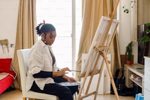uma mulher sentada em uma pintura da cadeira em um cavalete