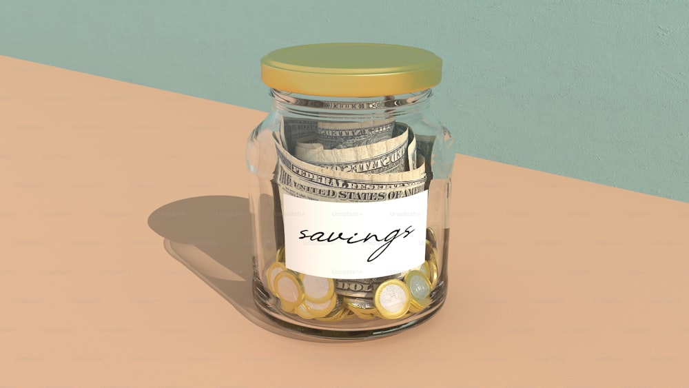 a jar filled with money sitting on top of a table