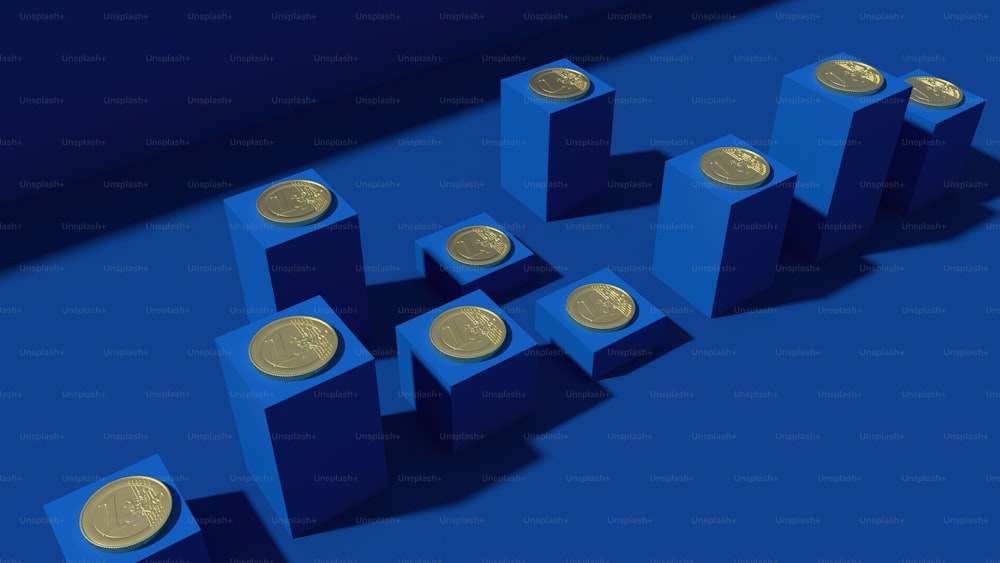 a row of blue blocks with gold coins on them
