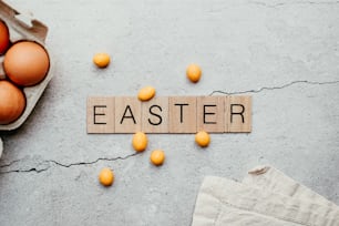 a wooden block that says easter surrounded by eggs