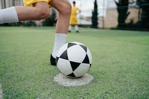 a soccer ball sitting on top of a green field