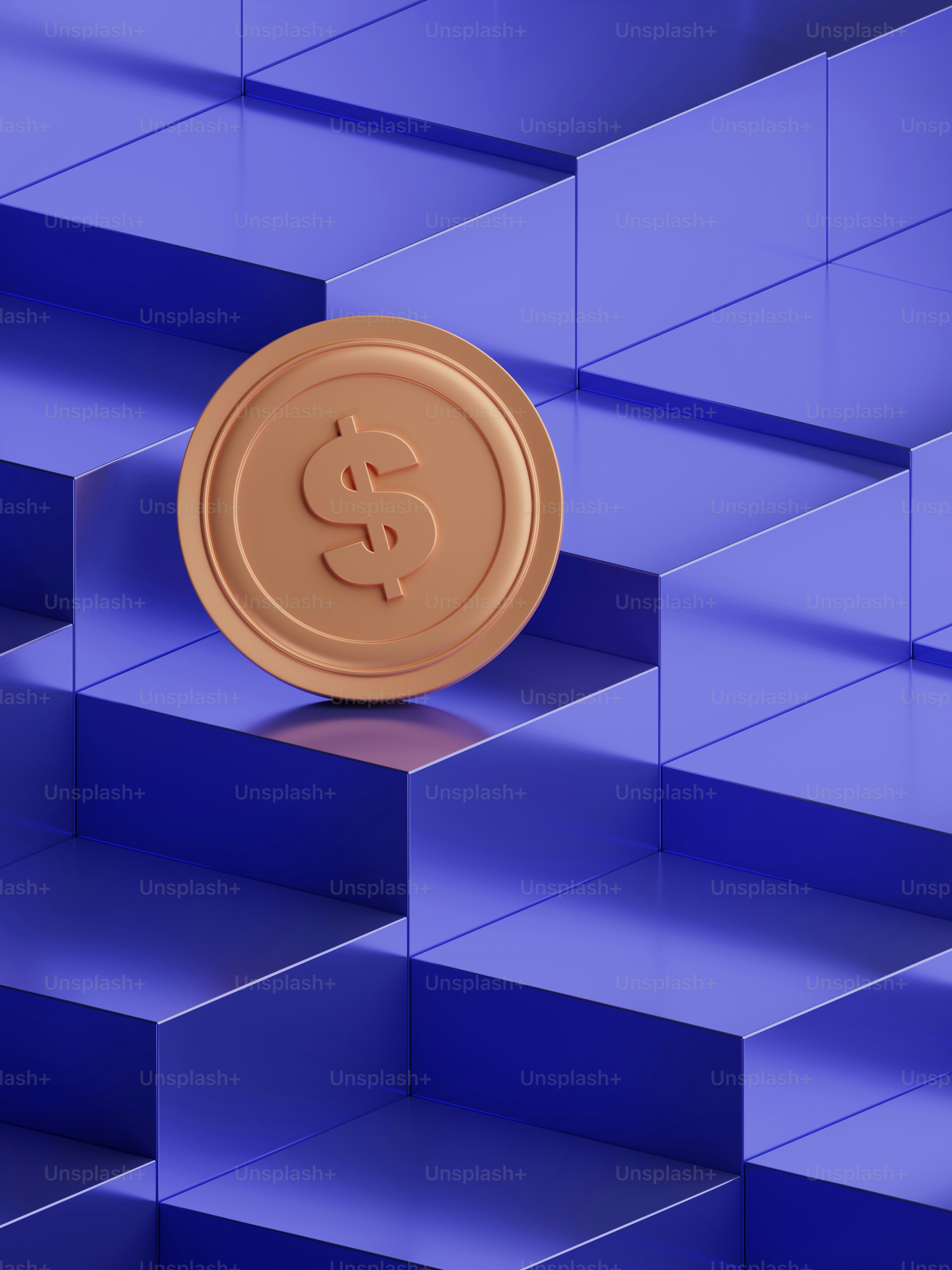 Una moneda de oro sentada encima de una pared de bloques azules