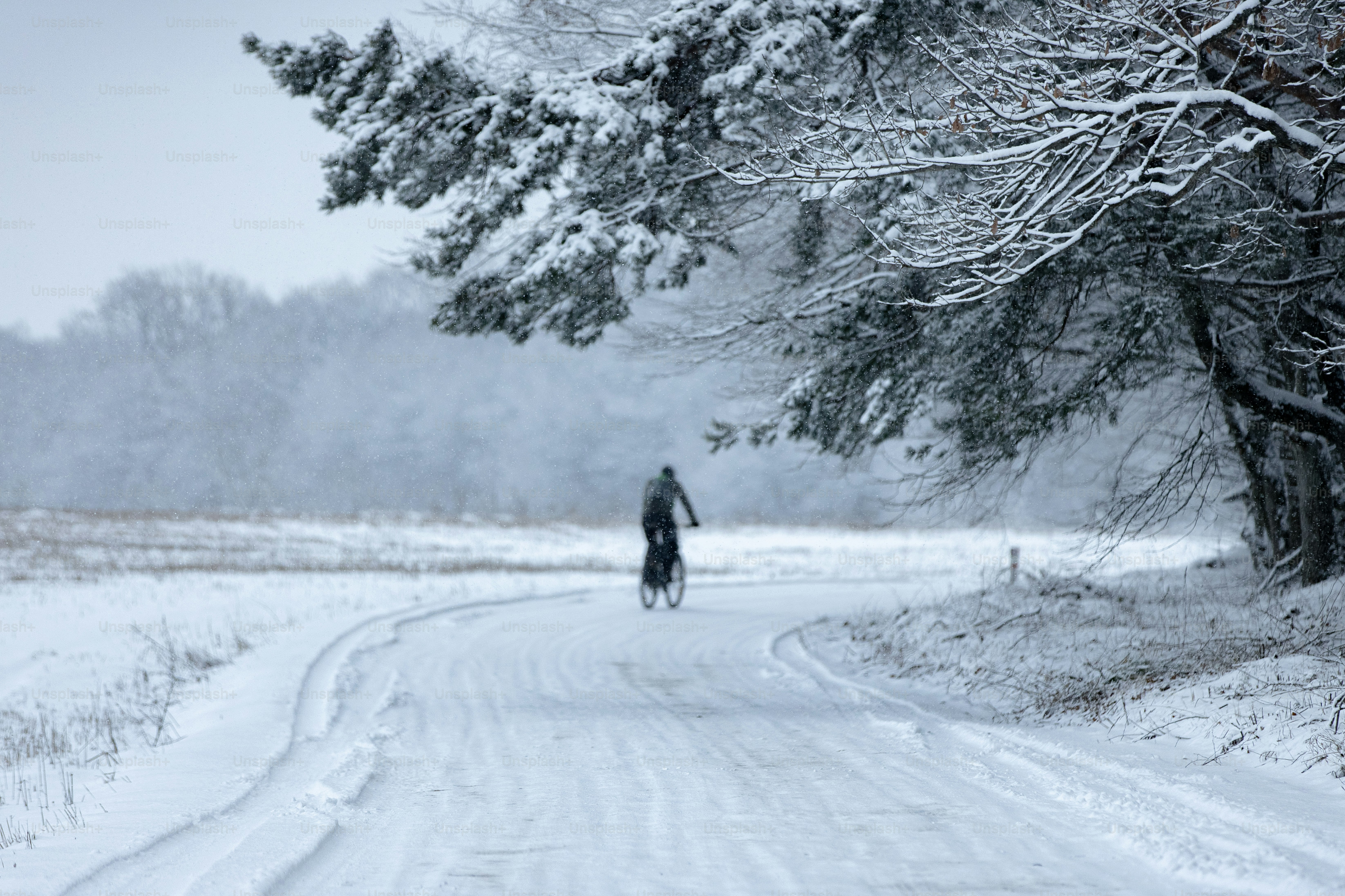 a man riding a bike down a snow covered road
