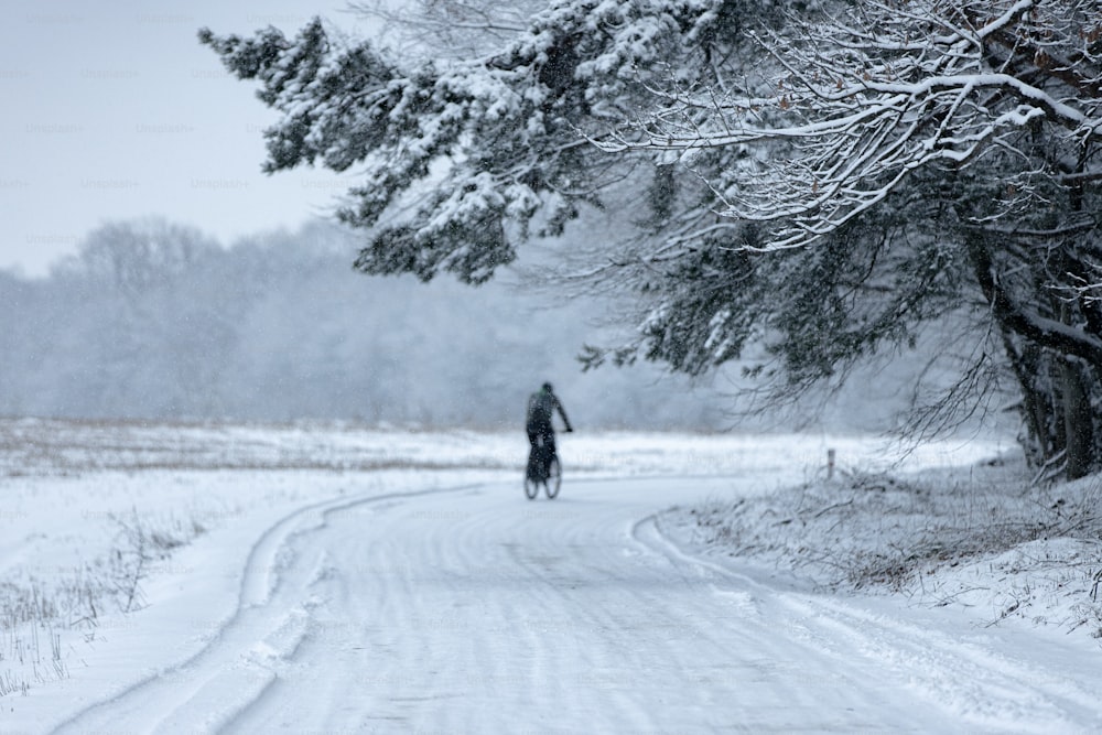 Ein Mann fährt mit dem Fahrrad eine schneebedeckte Straße hinunter