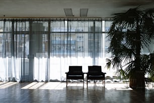 a couple of chairs sitting in front of a window