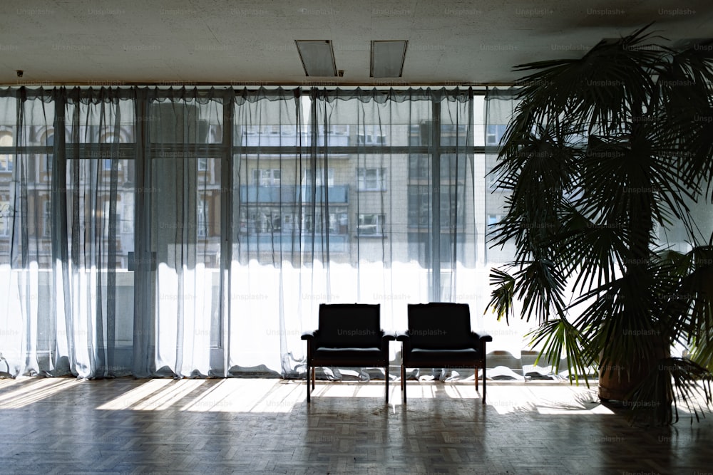 a couple of chairs sitting in front of a window