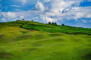 a lush green hillside under a cloudy blue sky