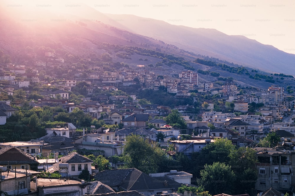 a view of a city with mountains in the background