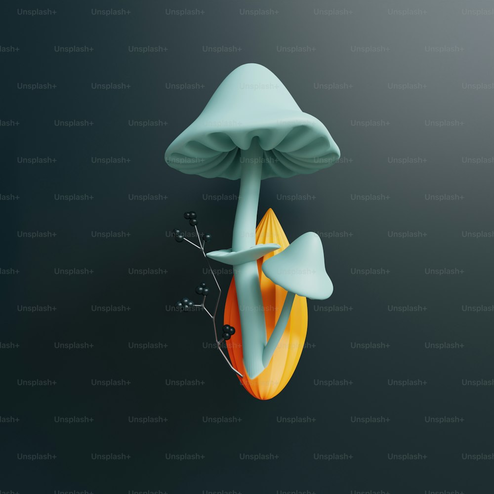 um cogumelo está flutuando em cima de uma prancha de surf