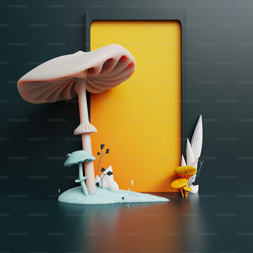 a picture of a mushroom and a bird on a table