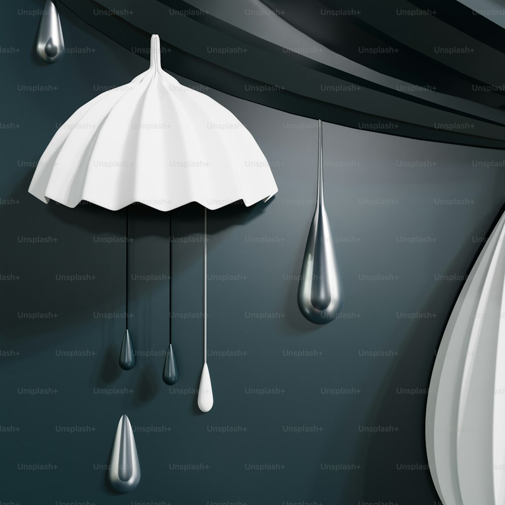 a white umbrella hanging from the side of a wall