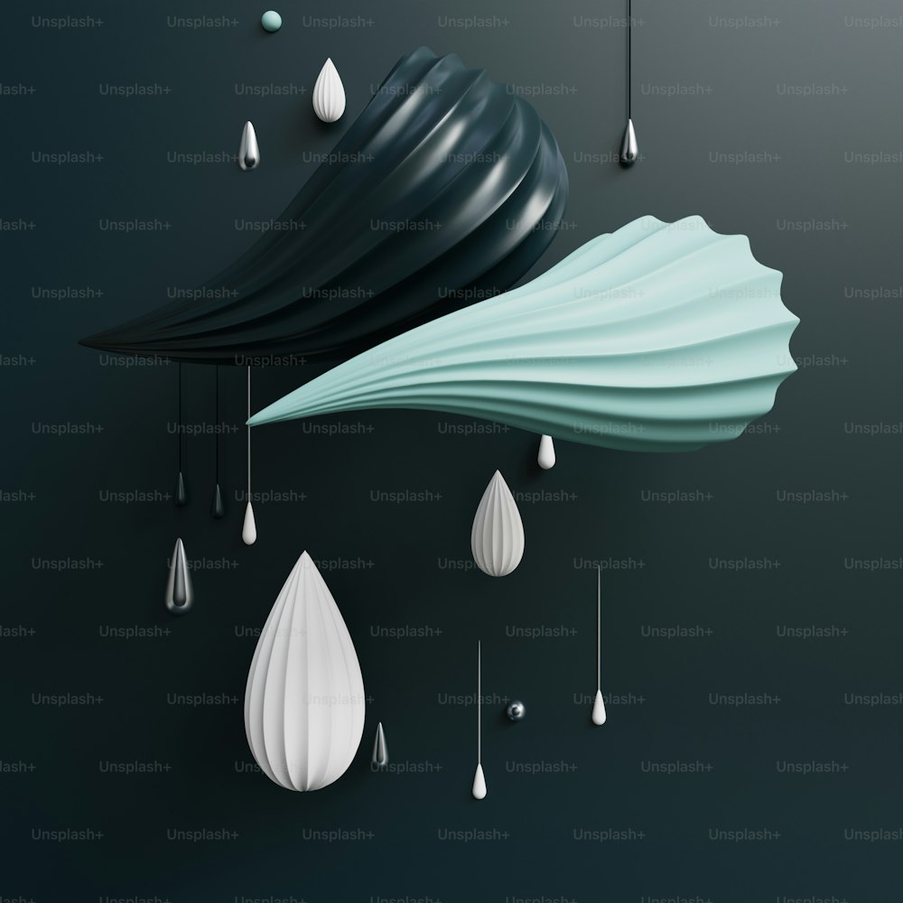 천장에 매달린 흰색과 검은색 우산 그룹